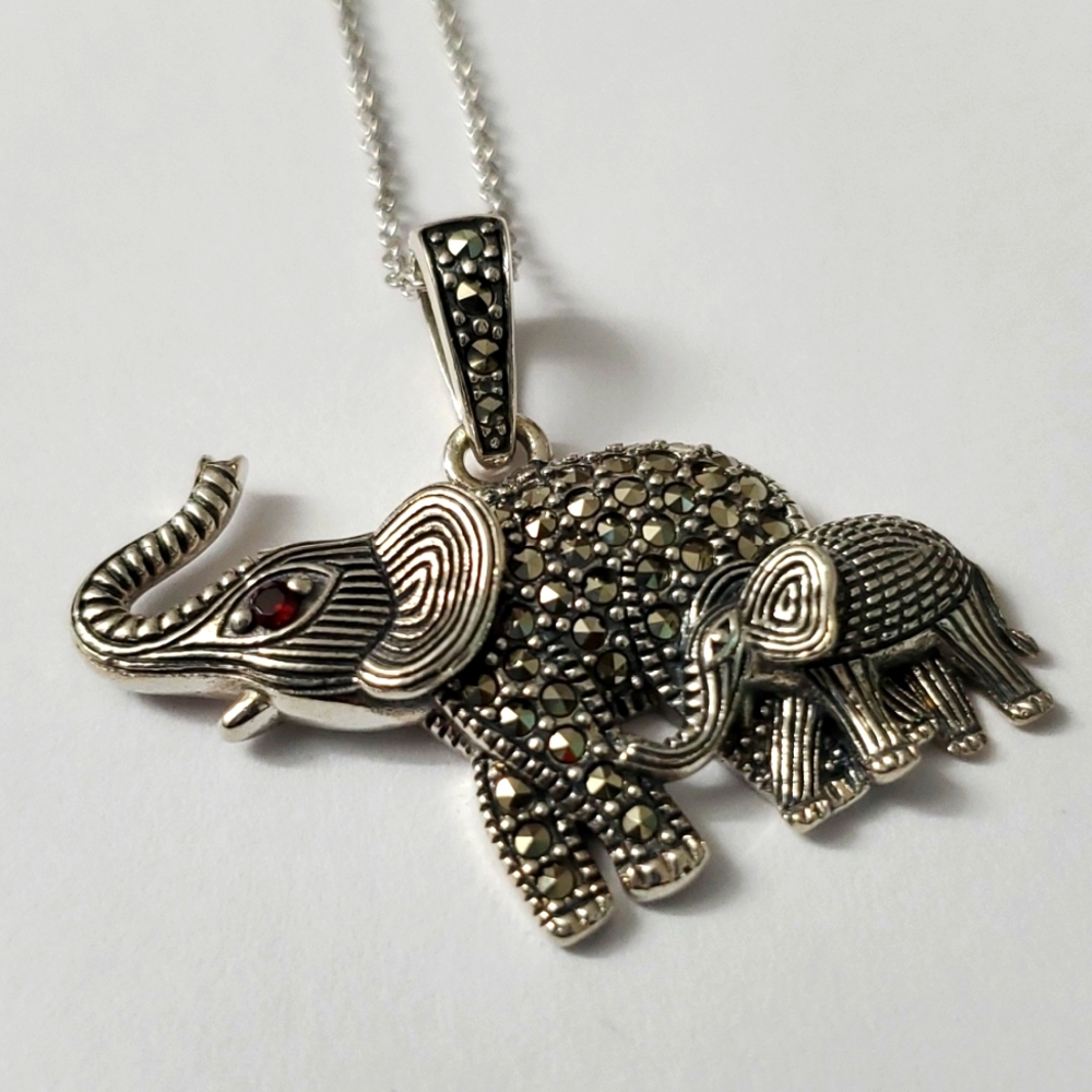 Sterling Silver 925 Marcasite Ruby Elephant with Baby Elephant Necklace